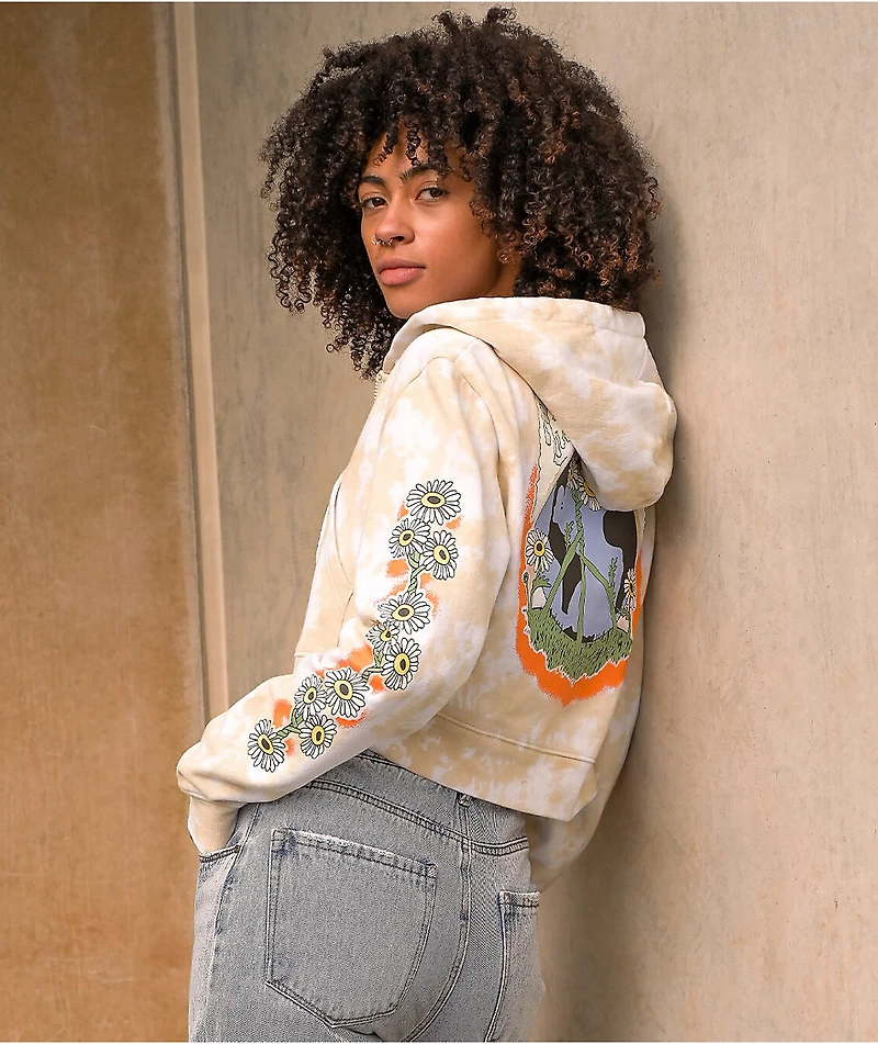 Empyre Rudy Grow Peace Tan Tie Dye Crop Zip Hoodie