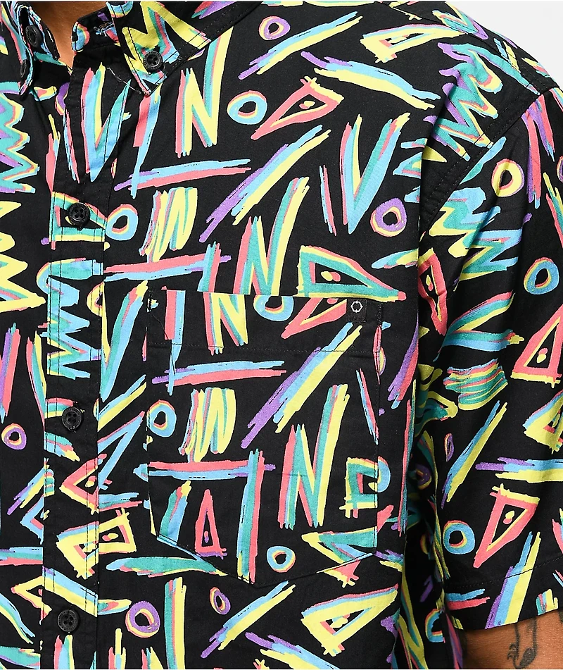 Empyre Shaped Geometric Black Short Sleeve Button Up Shirt