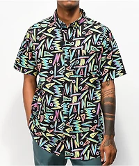 Empyre Shaped Geometric Black Short Sleeve Button Up Shirt