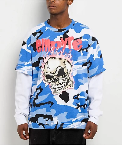 Empyre Skull Loose Screw Blue & White 2fer Long Sleeve T-Shirt