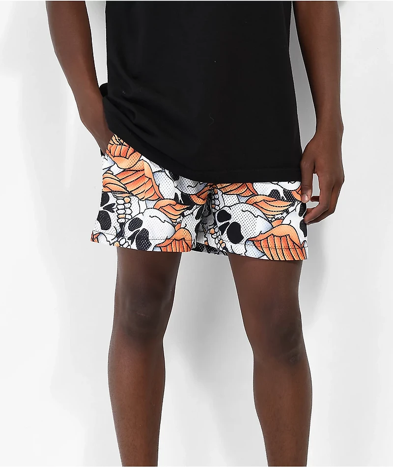 Empyre Skull Print Orange Mesh Shorts