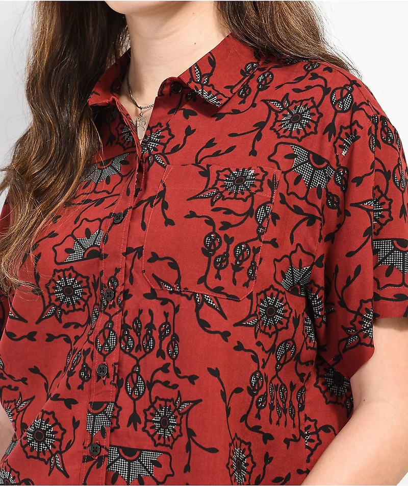 Empyre Sonya Skull Wine Crop Short Sleeve Button Up Shirt