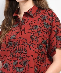 Empyre Sonya Skull Wine Crop Short Sleeve Button Up Shirt
