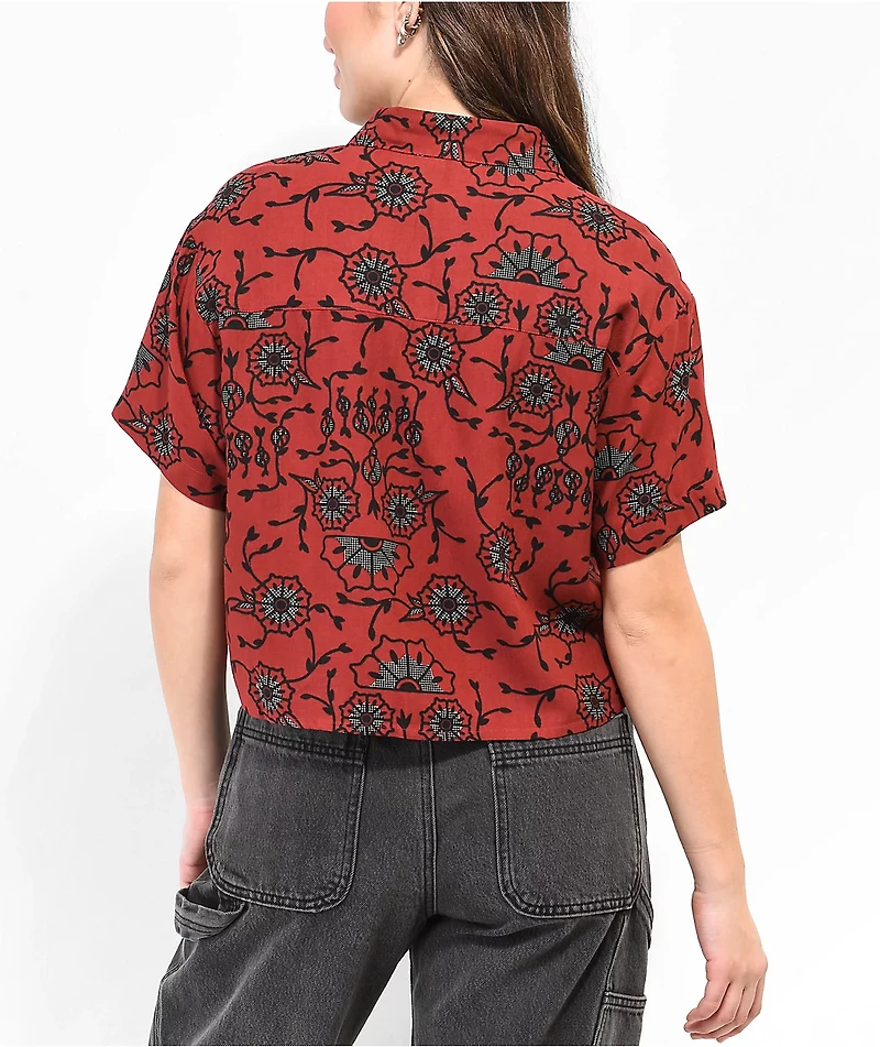 Empyre Sonya Skull Wine Crop Short Sleeve Button Up Shirt