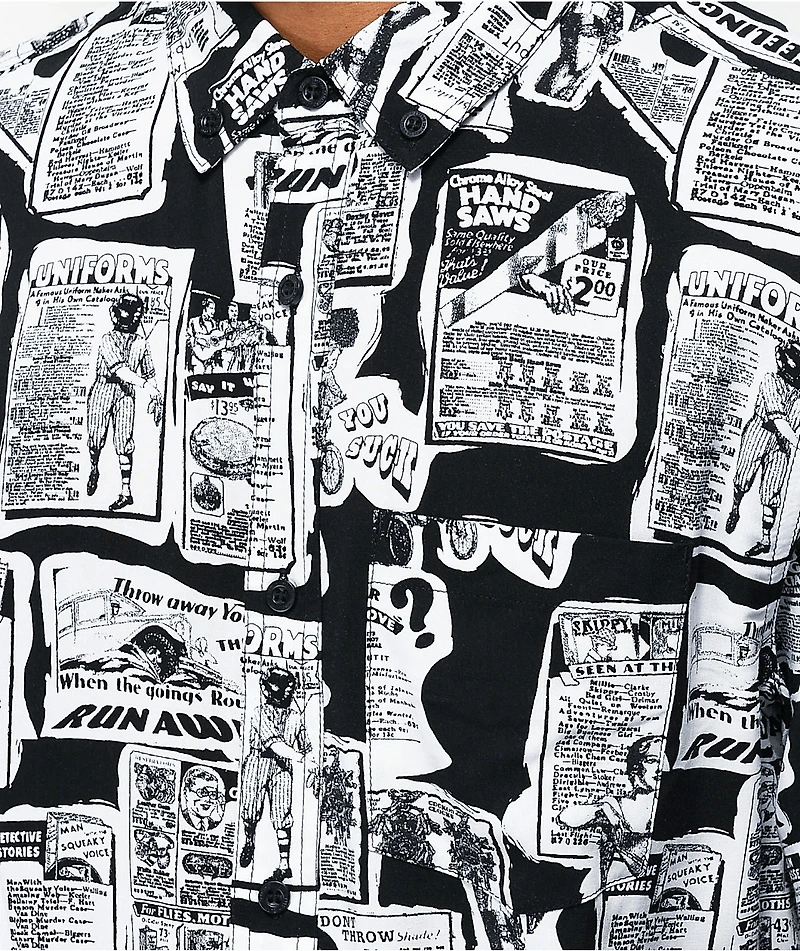 Empyre Tate Newspaper Black & White Short Sleeve Button Up Shirt