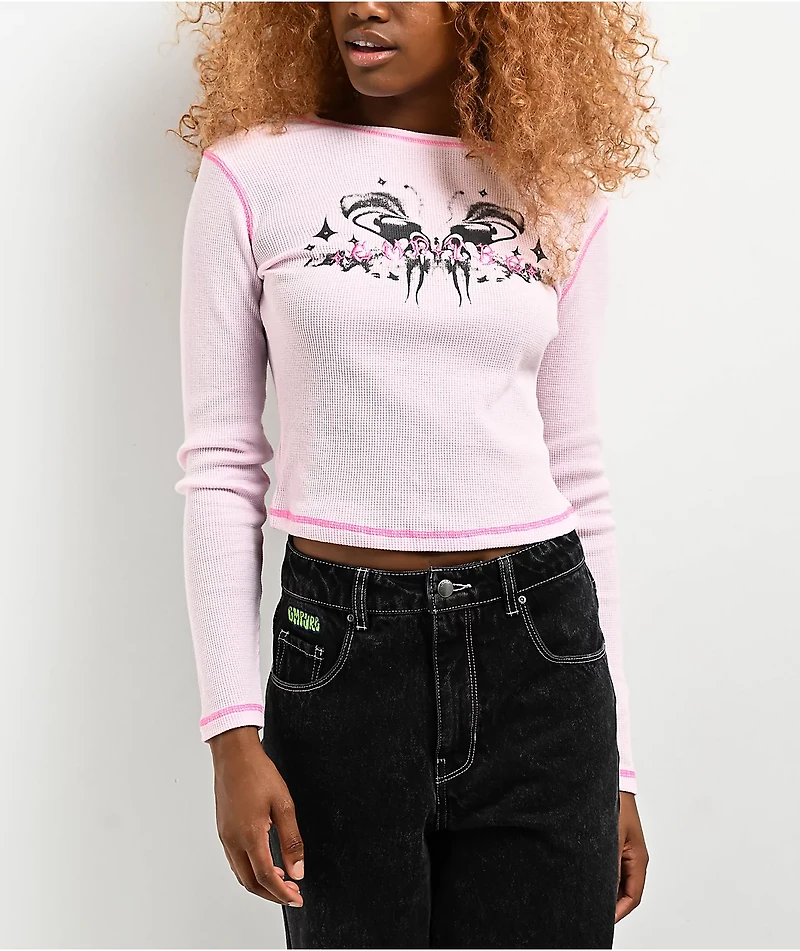 Empyre Thelma Butterfly Pink Crop Thermal Long Sleeve T-Shirt