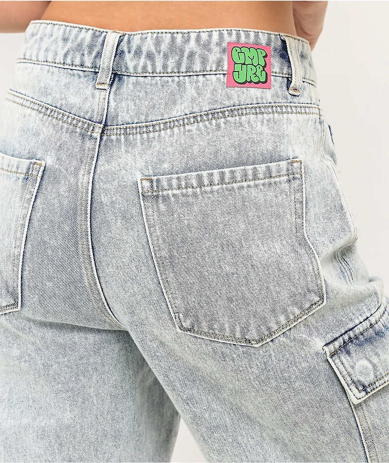 Empyre Tori Blue Acid Wash Denim Cargo Shorts