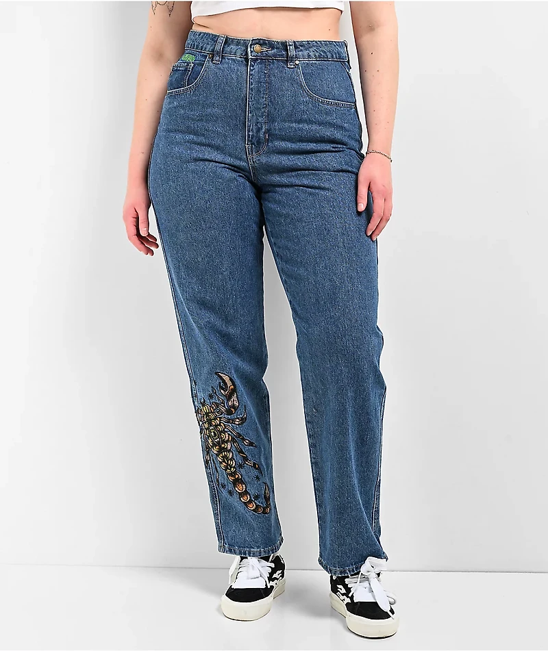 Empyre Tori Scorpion Embroidery Blue Skate Jeans