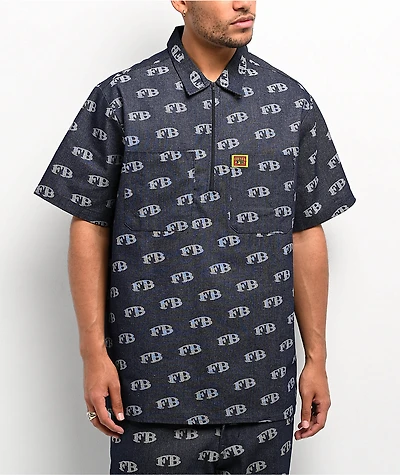 FB County All Over Print Blue Half Zip Short Sleeve Shirt