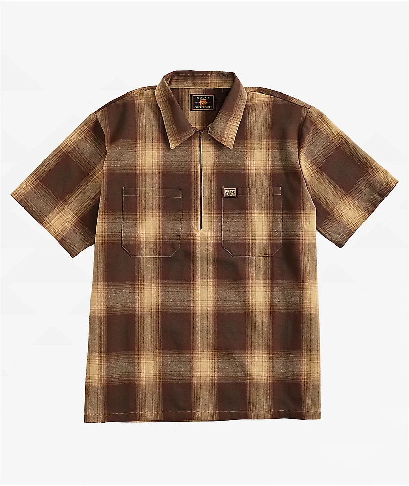 FB County Brown Checker Zip Short Sleeve Shirt
