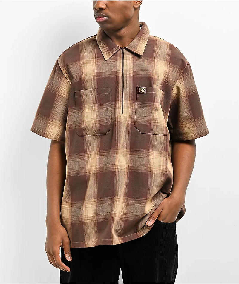 FB County Brown Checker Zip Short Sleeve Shirt