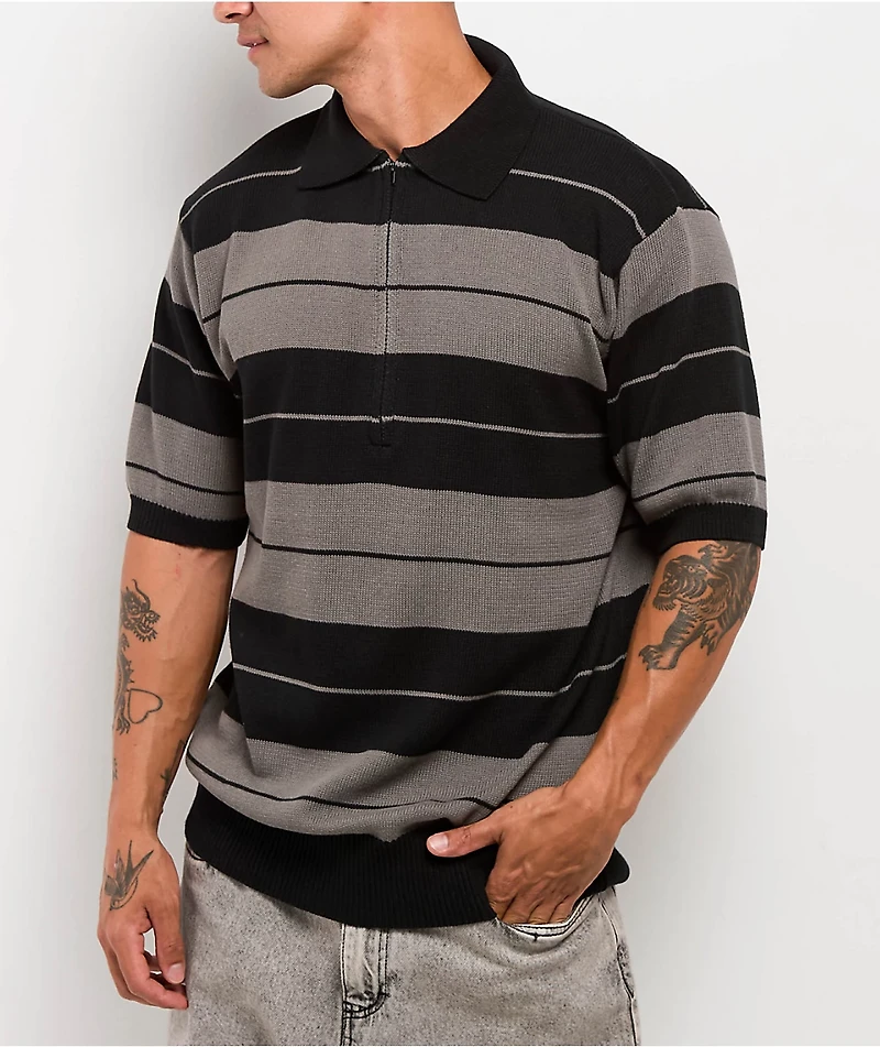 FB County Charlie Browns Black & Grey Stripe Quarter Zip Knit Shirt