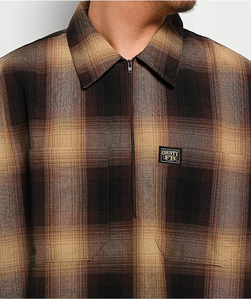 FB County Checker Brown & Tan Half Zip Short Sleeve Shirt
