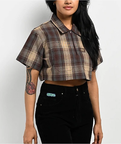 FB County Checker Brown Zip Crop Short Sleeve Shirt