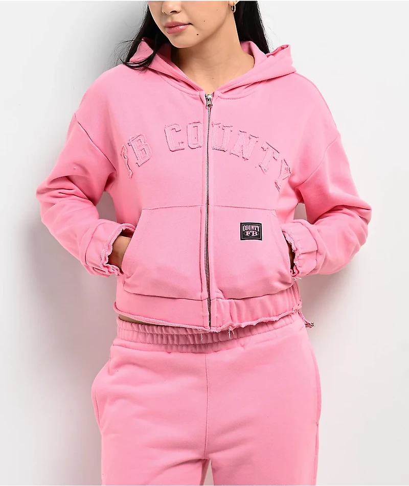FB County French Terry Pink Crop Zip Hoodie