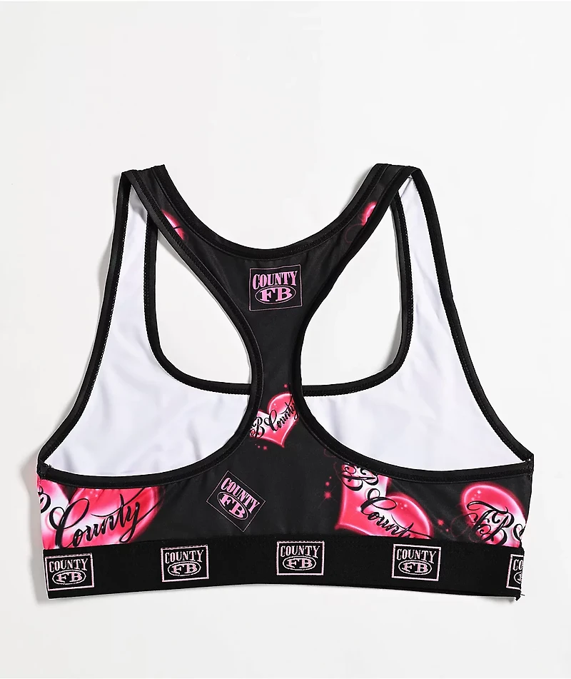 FB County Heart Print Black & Pink Sports Bra