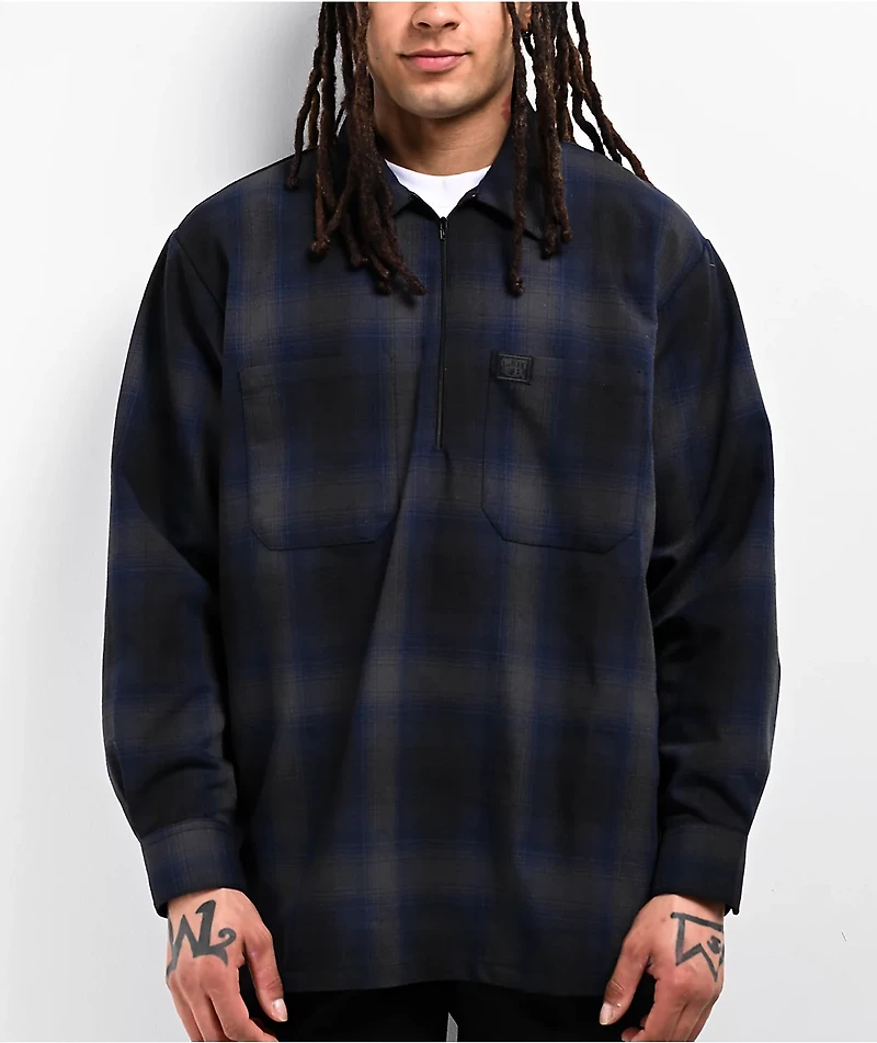 FB County Navy Blue & Black Checker Zip Long Sleeve Shirt