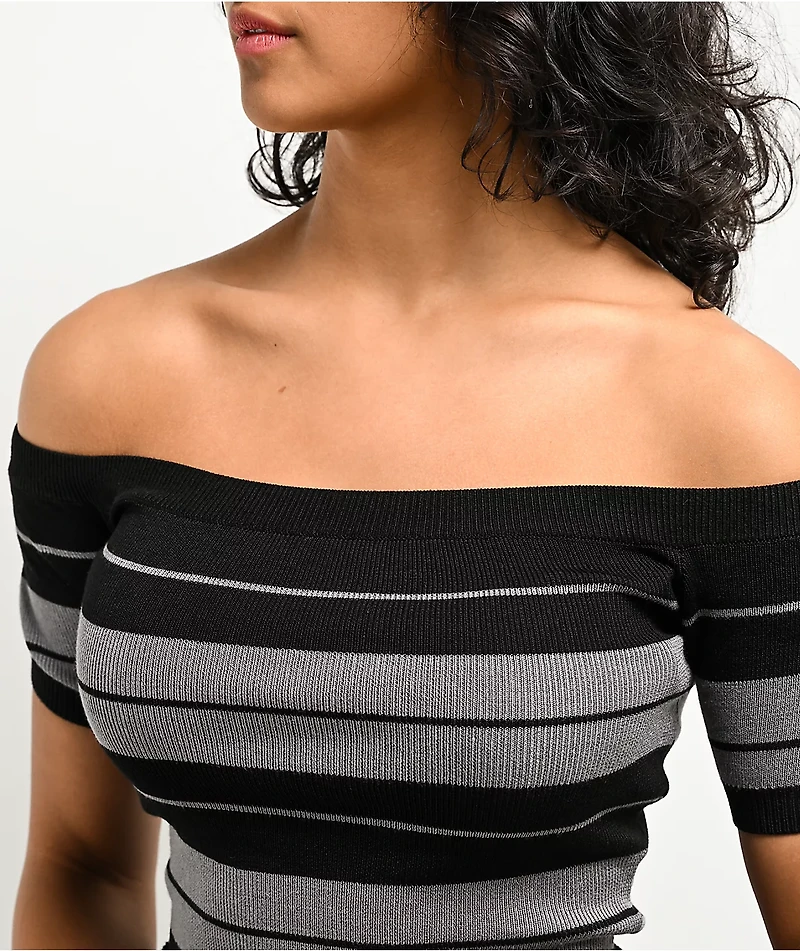FB County Off Shoulder Black Stripe Crop T-Shirt