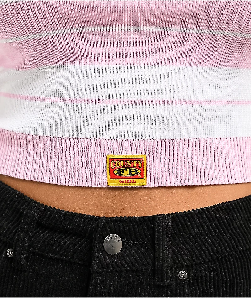 FB County Off Shoulder Pink Stripe Crop T-Shirt