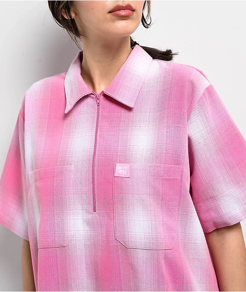 FB County Pink Plaid Zip Short Sleeve Woven Shirt