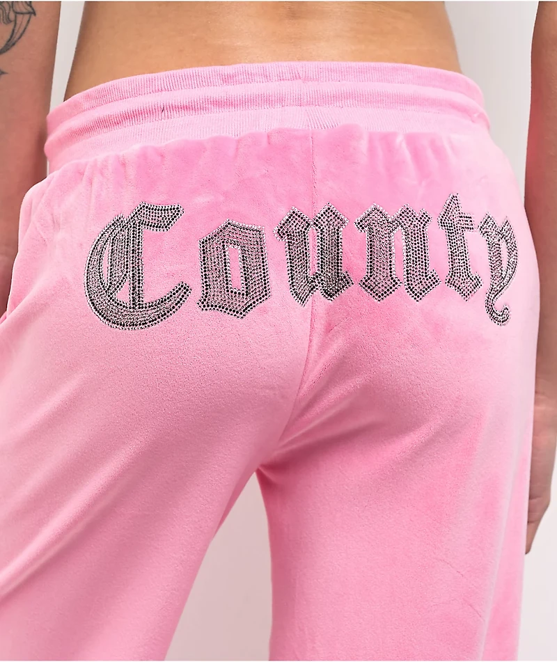 FB County Rhinestone Pink Velour Track Pants
