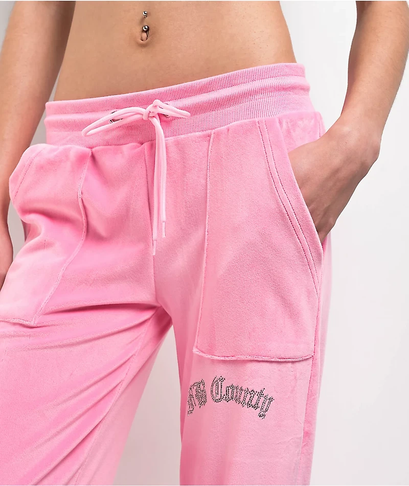 FB County Rhinestone Pink Velour Track Pants