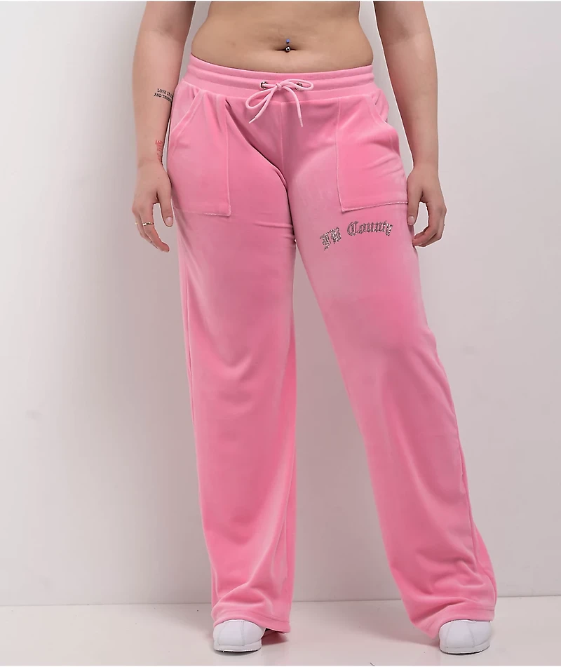 FB County Rhinestone Pink Velour Track Pants