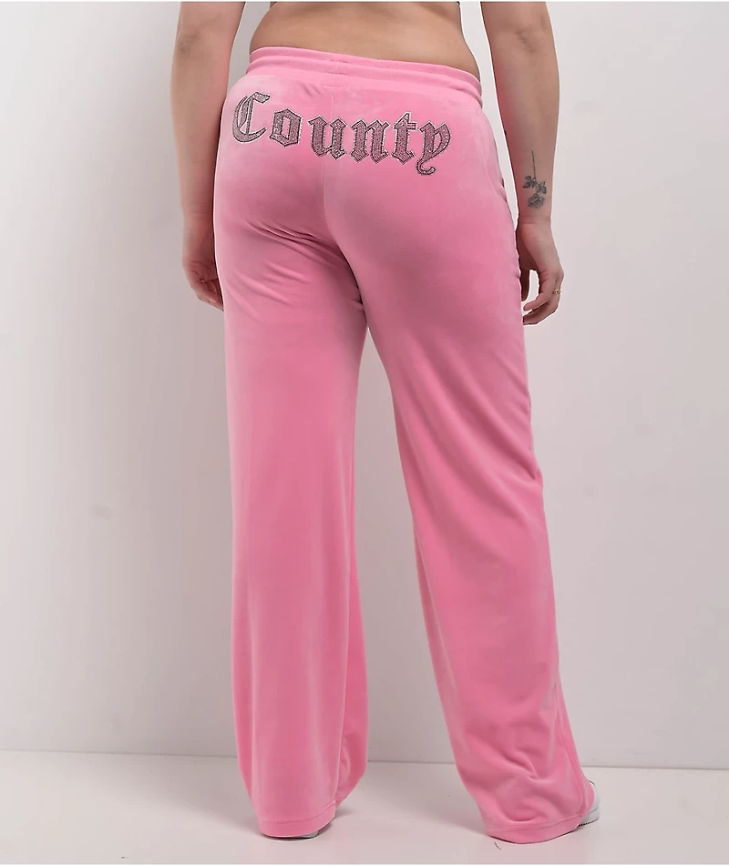 FB County Rhinestone Pink Velour Track Pants