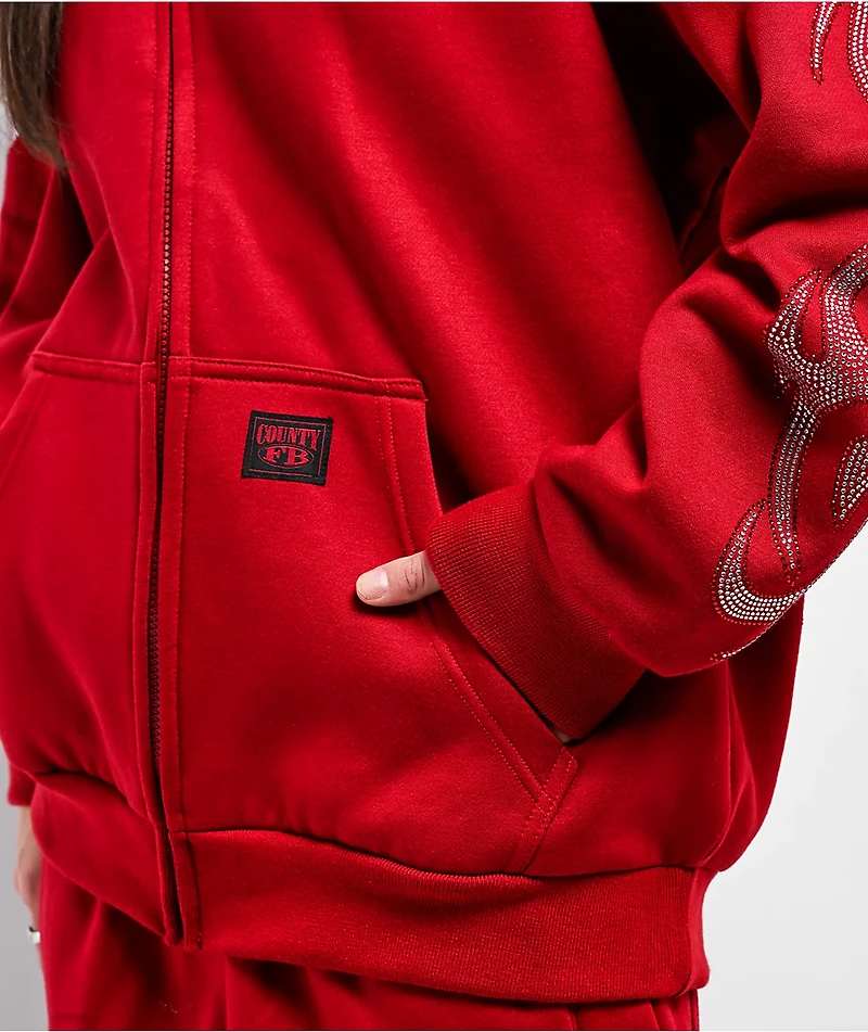 FB County Rhinestone Red Zip Hoodie