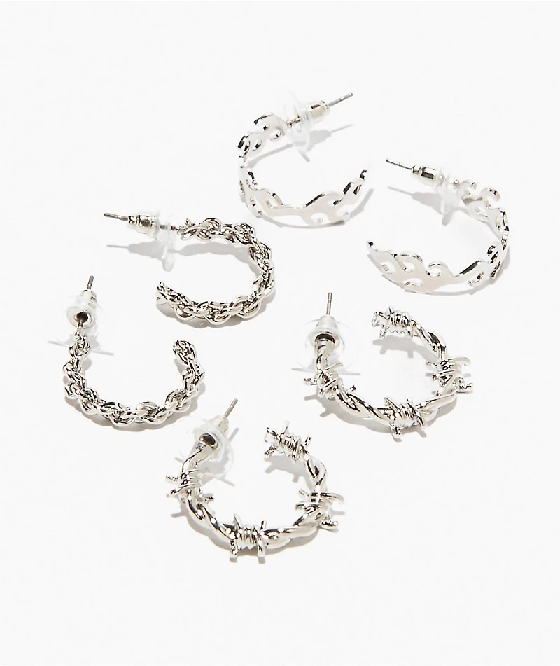 Fantas Eyes Barbed Wire, Chain & Flame Silver 3 Pack Hoop Earrings