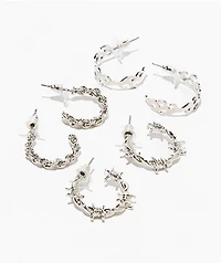 Fantas Eyes Barbed Wire, Chain & Flame Silver 3 Pack Hoop Earrings