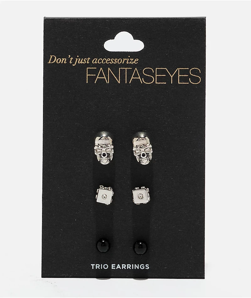 Fantas Eyes Dice & Skull Silver 3 Pack Stud Earrings