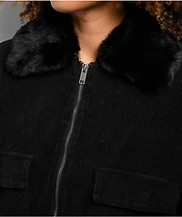 Faux Fur Black Corduroy Crop Bomber Jacket