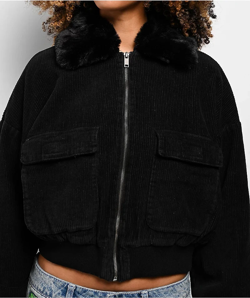 Faux Fur Black Corduroy Crop Bomber Jacket