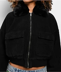 Faux Fur Black Corduroy Crop Bomber Jacket