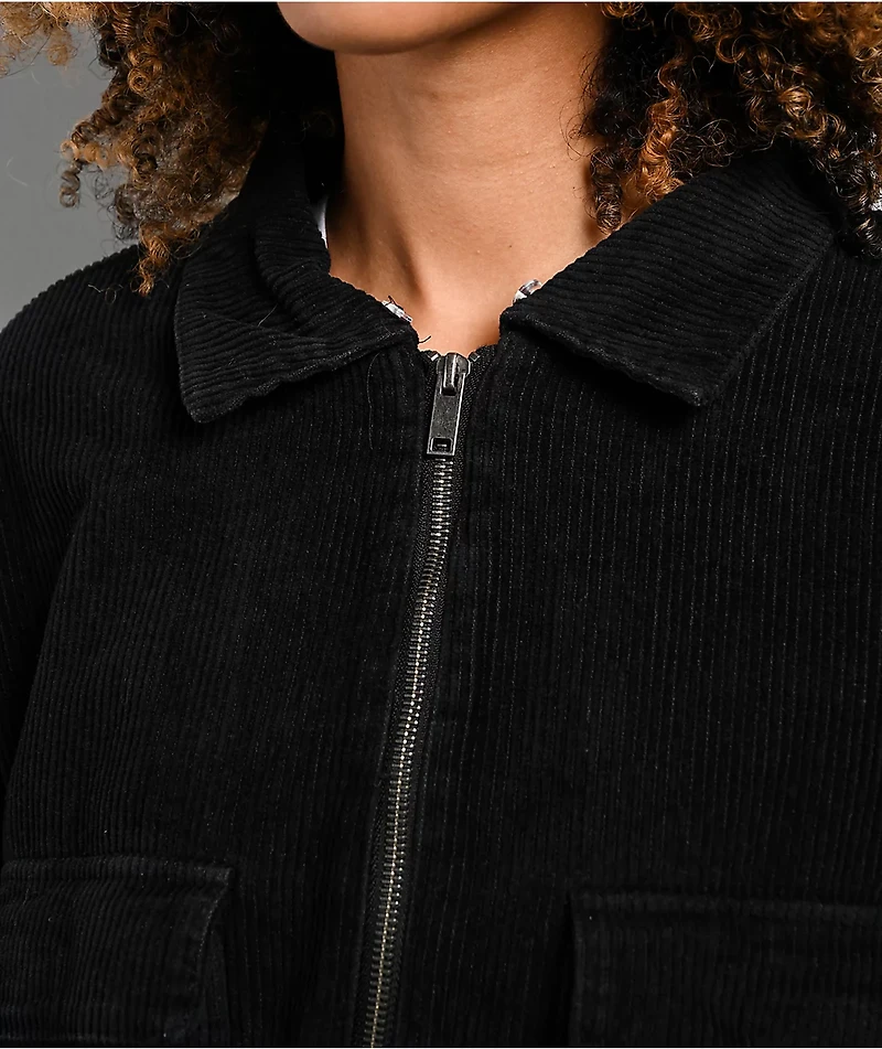 Faux Fur Black Corduroy Crop Bomber Jacket