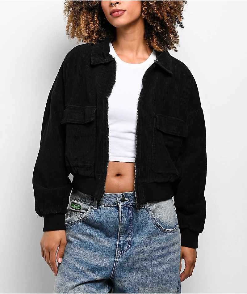Faux Fur Black Corduroy Crop Bomber Jacket