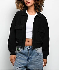 Faux Fur Black Corduroy Crop Bomber Jacket