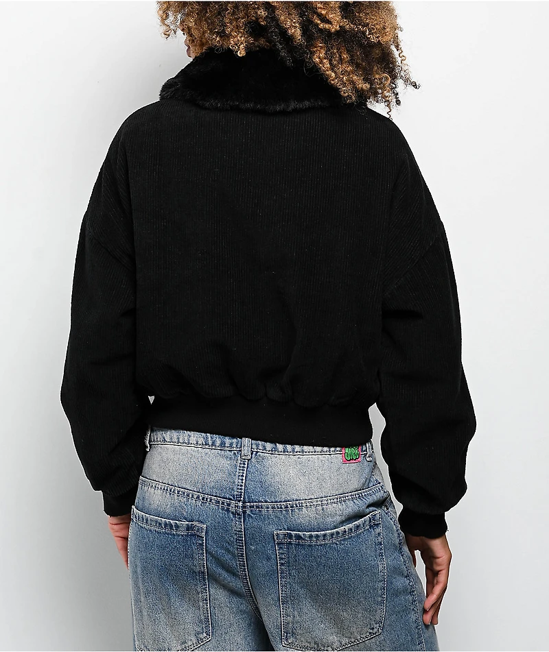 Faux Fur Black Corduroy Crop Bomber Jacket