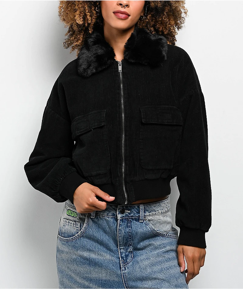 Faux Fur Black Corduroy Crop Bomber Jacket