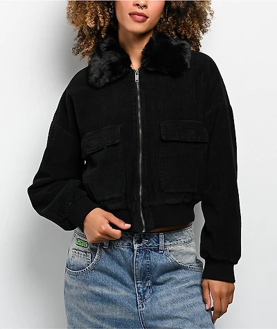 Faux Fur Black Corduroy Crop Bomber Jacket