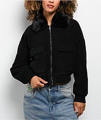 Faux Fur Black Corduroy Crop Bomber Jacket