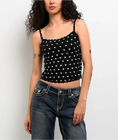 Freeworld Evelyn Hearts Lace Black Crop Tank Top