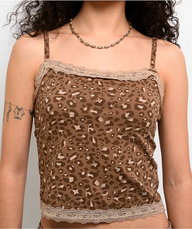 Freeworld Evelyn Lace Cheetah Brown Crop Tank Top