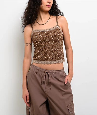 Freeworld Evelyn Lace Cheetah Brown Crop Tank Top