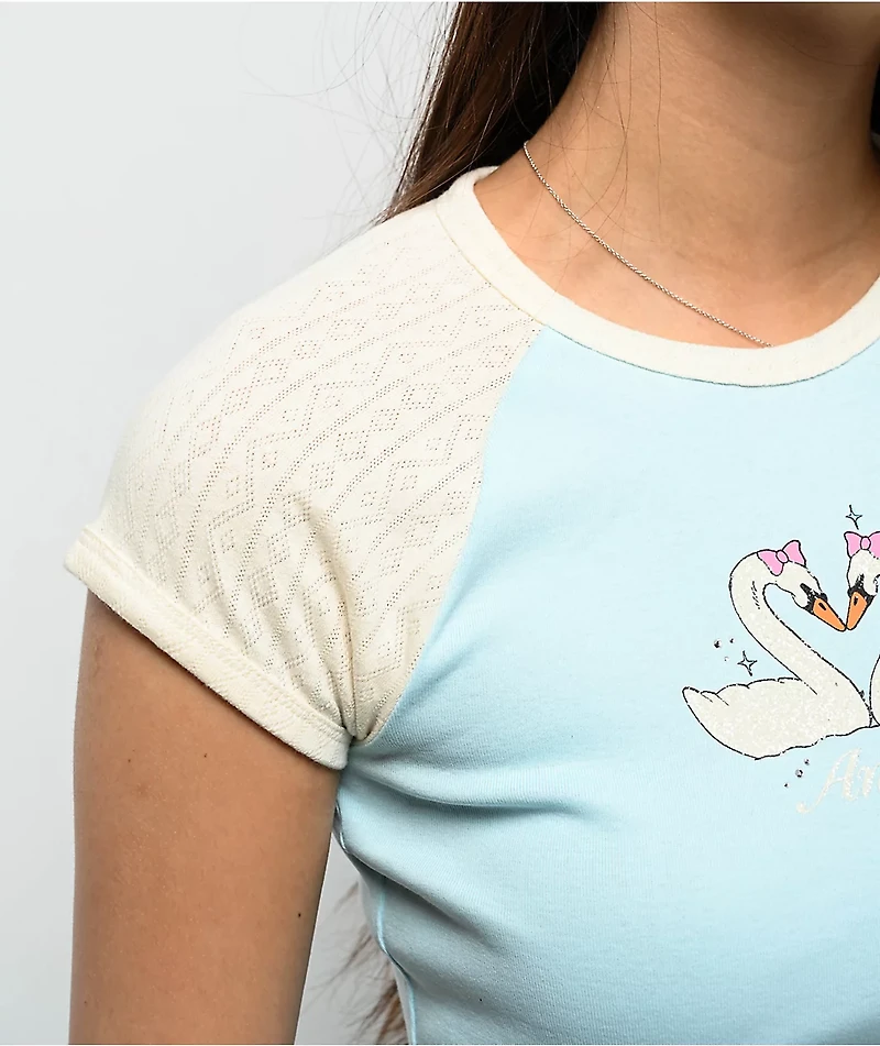 Freeworld Pammie Pointelle Light Blue & Cream Raglan T-Shirt