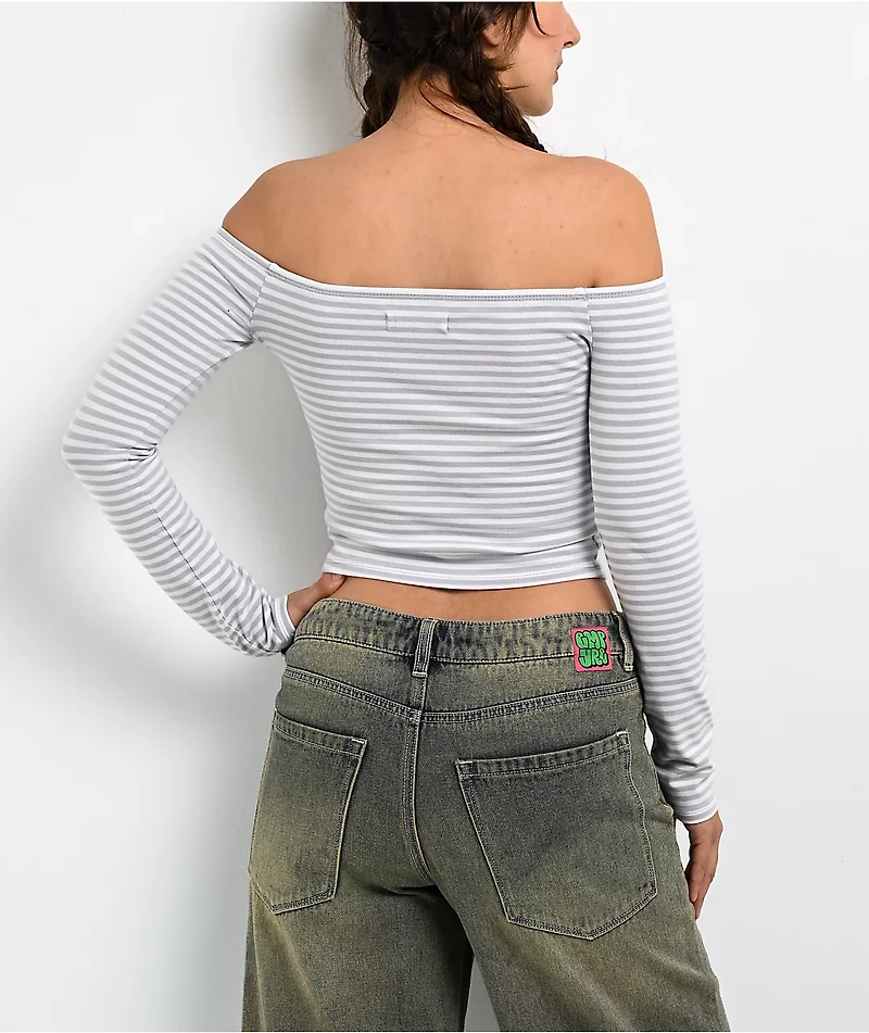 Freeworld Serenity Off Shoulder Grey & White Stripe Long Sleeve Crop T-Shirt