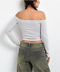 Freeworld Serenity Off Shoulder Grey & White Stripe Long Sleeve Crop T-Shirt