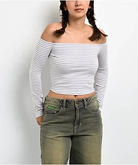 Freeworld Serenity Off Shoulder Grey & White Stripe Long Sleeve Crop T-Shirt