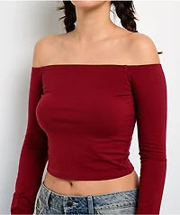 Freeworld Serenity Off Shoulder Pomegranate Red Long Sleeve Crop T-Shirt
